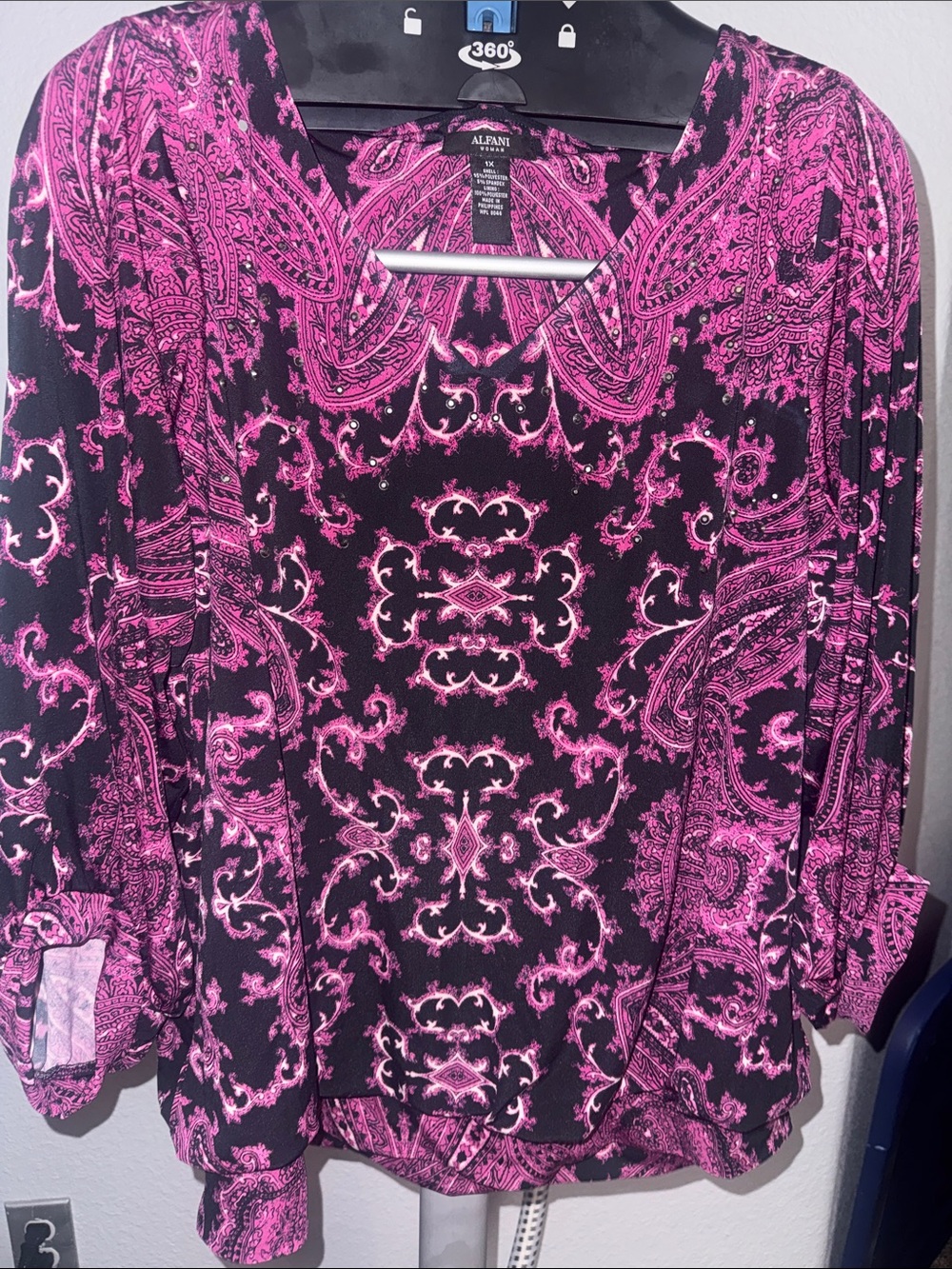 Alfani Black and Hot Pink Paisley V-Neck Blouse
